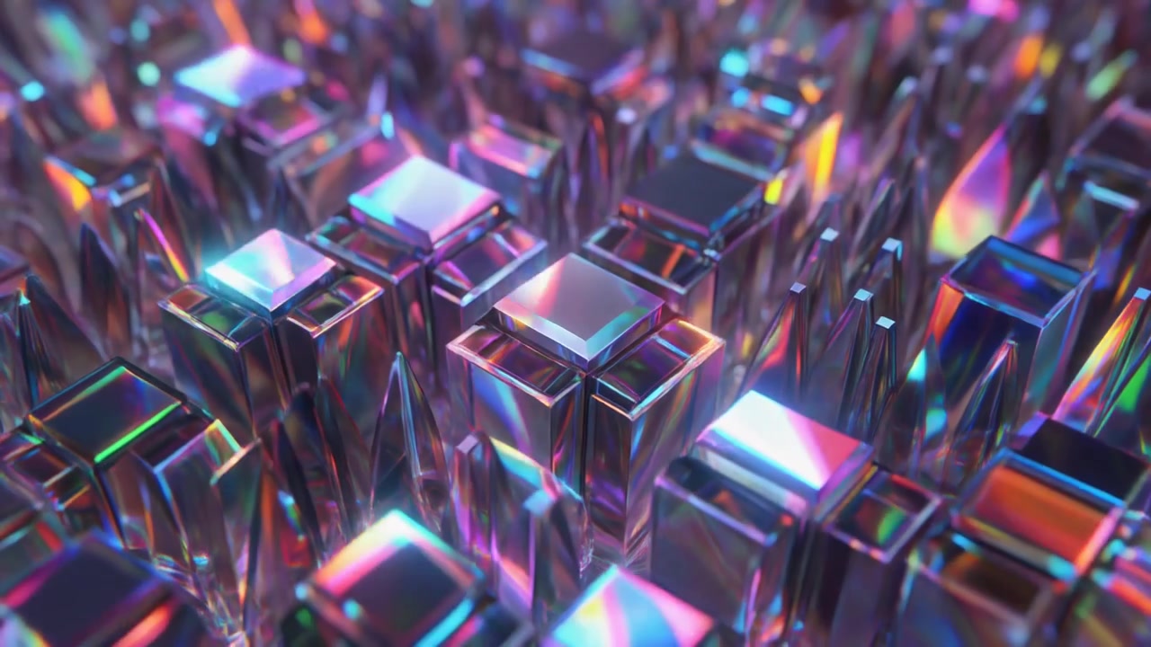 Animação 3D Abstrata de Cubos de Vidro Iridescentes Movendo-se em Grade