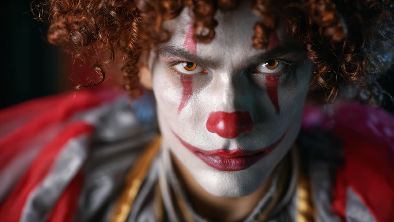 Intense Portrait of a Clown with Dramatic Makeup Featuring Bold Colors, Curly Hair, and Piercing Eyes Captivating the Viewer in an Eerie Atmosphere