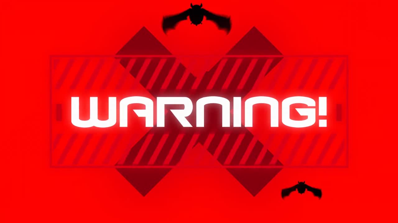 animación de advertencia de texto, sobre cruz roja y murciélagos, en rojo
