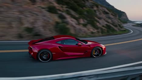 sleek red sports car gliding along winding coastal highway, revealing breathtaking ocean vistas during golden sunset moments