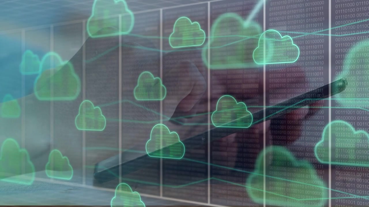 Una mano che tocca un telefono, avviando icone cloud che si moltiplicano e linee che si formano per sincronizzare i dati.