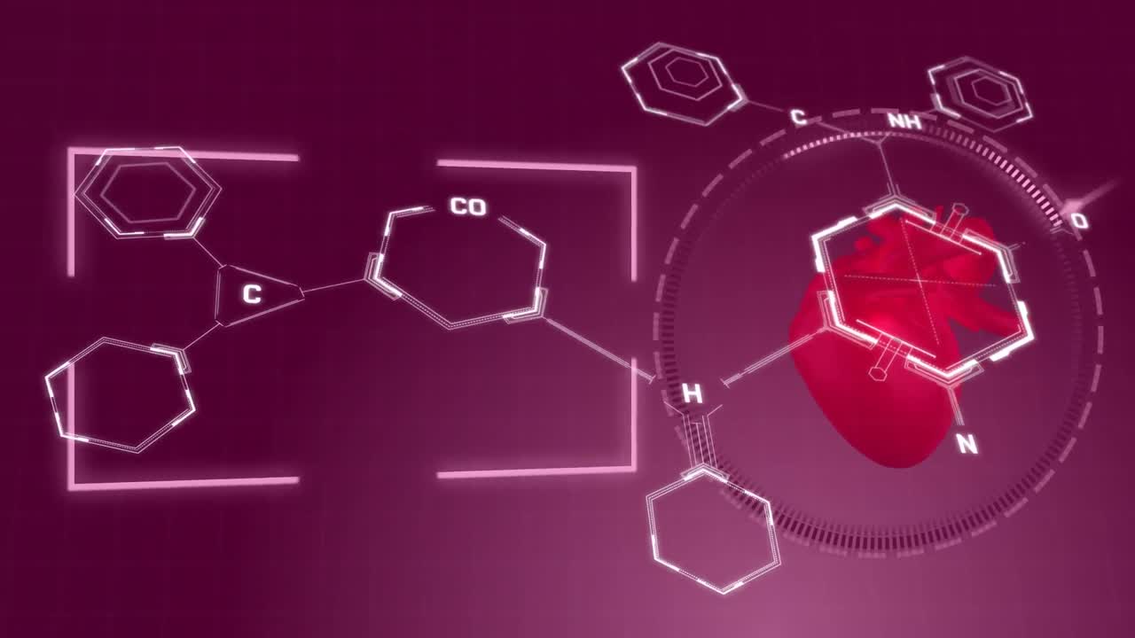 화학 구조 및 데이터 처리의 애니메이션을 보라색 배경에 심장 아이콘에