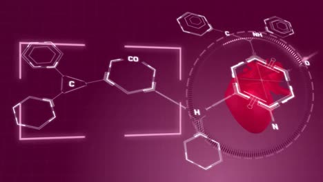 Animación-De-Estructuras-Químicas-Y-Procesamiento-De-Datos-Sobre-El-ícono-Del-Corazón-Sobre-Fondo-Púrpura