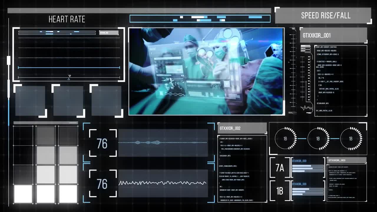 검은색 배경에 의료 데이터 처리를 가진 디지털 인터페이스의 디지털 애니메이션