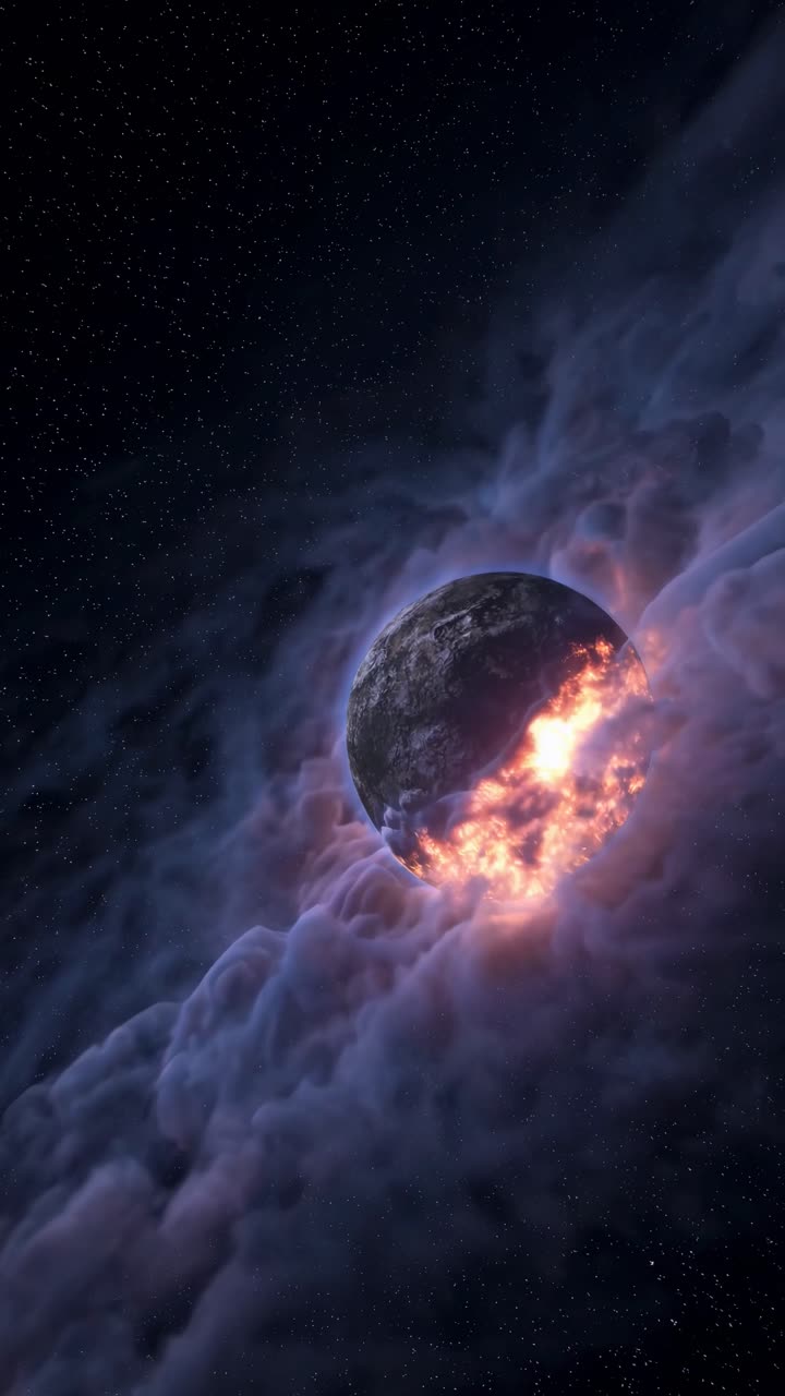 Una scena cosmica con la Terra che emerge da nuvole di nebulose turbinanti, ripresa da un'angolazione bassa