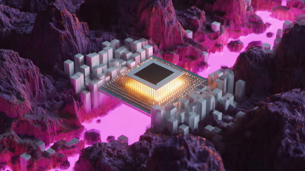 A captivating view of a futuristic microchip surrounded by glowing pink waters and shadowy mountains, representing the cutting-edge advancements in technology and artificial intelligence imagery