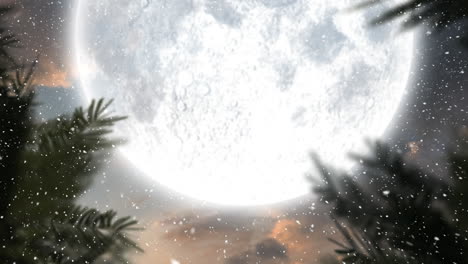 winter scenery with full moon and falling snow