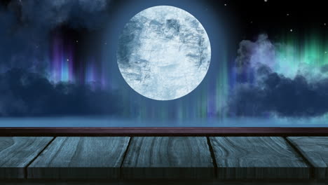 animation of full moon and northern lights on sky over wooden pier