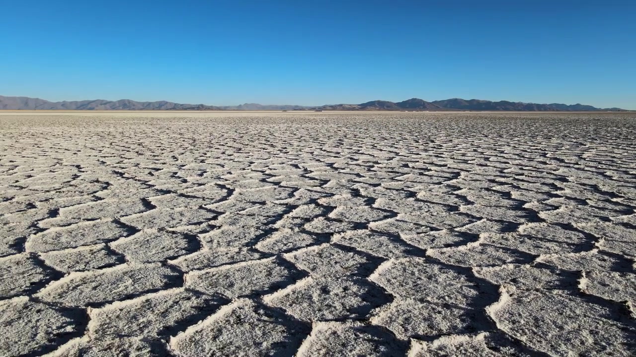 Modelli esagonali di crosta salina coprono la superficie piatta delle Salinas Grandes con montagne distanti sotto un cielo azzurro e limpido, utili per storie su clima, geologia o estrazione del litio.
