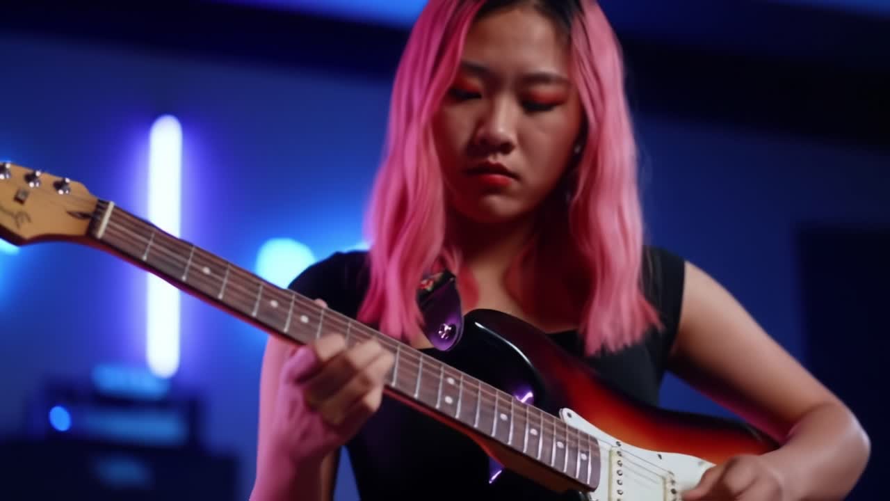 A Passionate Performance: A Young Musician Showcasing Her Talent on Electric Guitar with Vibrant Lighting in a Contemporary Setting