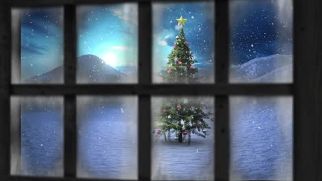 animación de la vista de la ventana del árbol de navidad y el paisaje de invierno