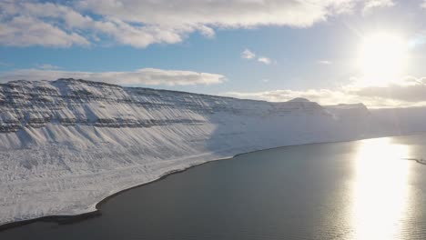 bright white snowy mountains and lake of reykjavik, iceland -aerial