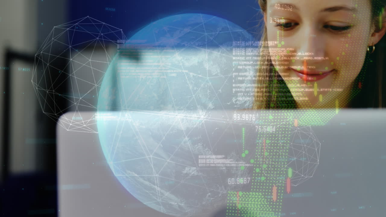 animación de procesamiento de datos sobre niñas y niños diversos usando tableta digital y sonriendo en la escuela.