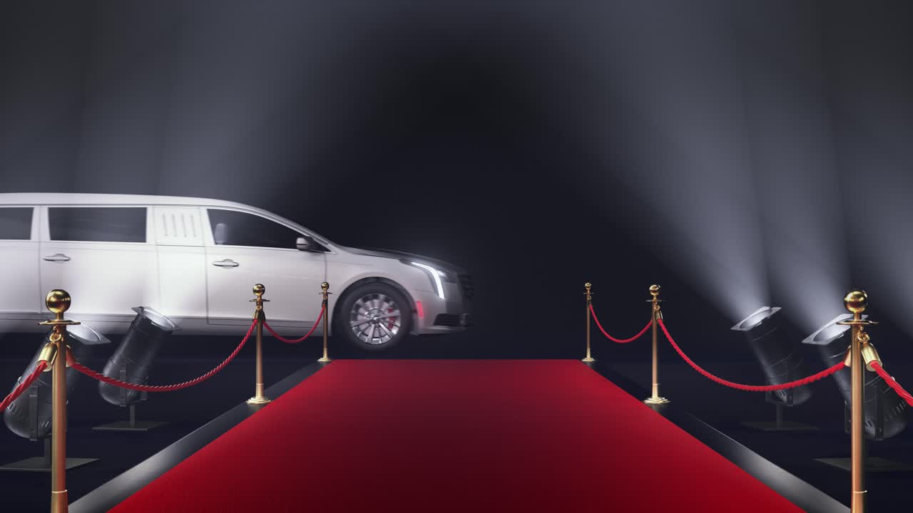 alfombra roja con una limusina en el fondo de los flashes de la cámara