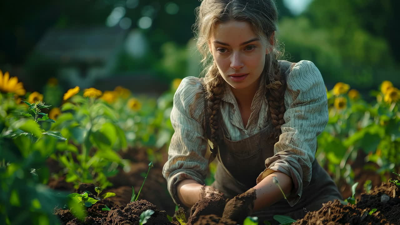 Junge Gärtnerin, die Samen auf einem Feld pflanzt. Eine junge Frau pflanzt an einem sonnigen Tag Samen in fruchtbaren Boden inmitten von Sonnenblumen und zeigt so ihre Liebe zum Gärtnern