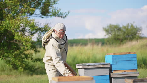 Male apiarist uses a smoker and a brush in his work at apiary. Checking up the bees and honey harvest on sunny summer day.