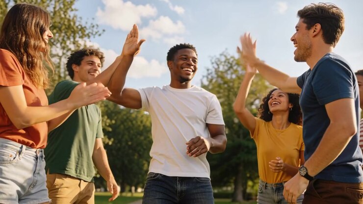 Amici che applaudono sull'erba del parco, un uomo al centro in maglietta bianca alza le braccia per un cinque, festeggiando.