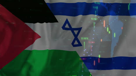 animation of financial data processing over flag of israel and palestine