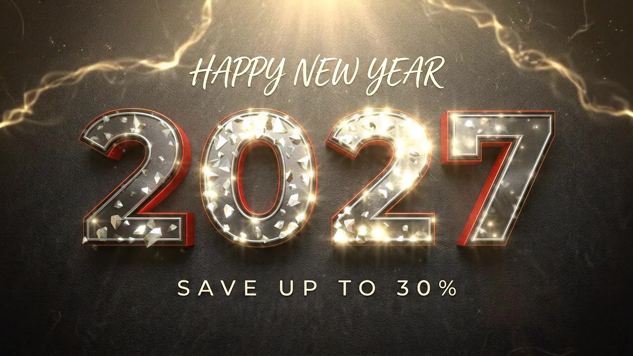 Auguri di Capodanno 2027 animati con testo di sconto promozionale