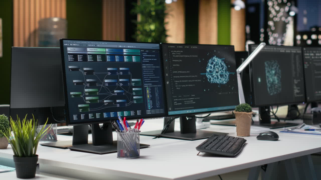 Empty Modern Office Desk with Multiple Computer Monitors Displaying Code