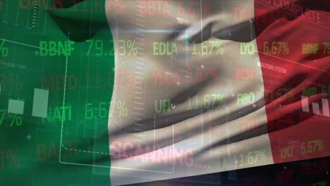 animation of stock market and data processing over flag of italy