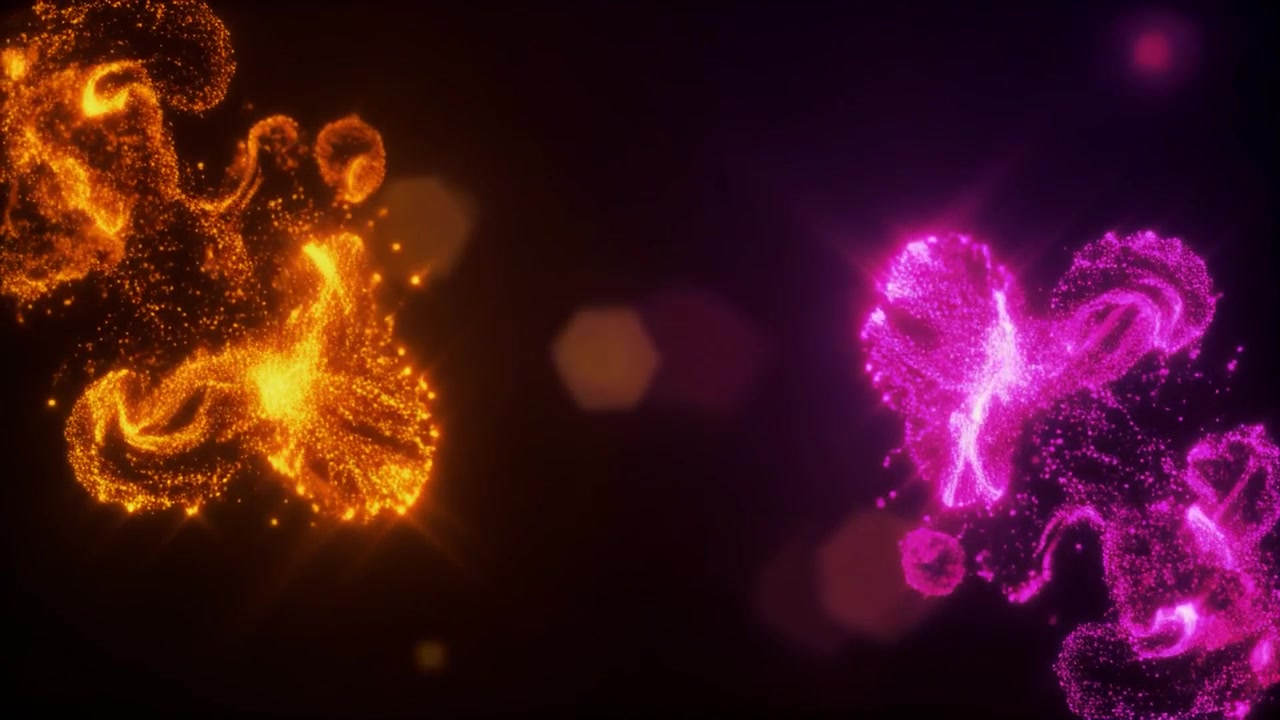 Abstrakter dynamischer Hintergrund mit leuchtenden orangefarbenen und pinkfarbenen Partikelwolken