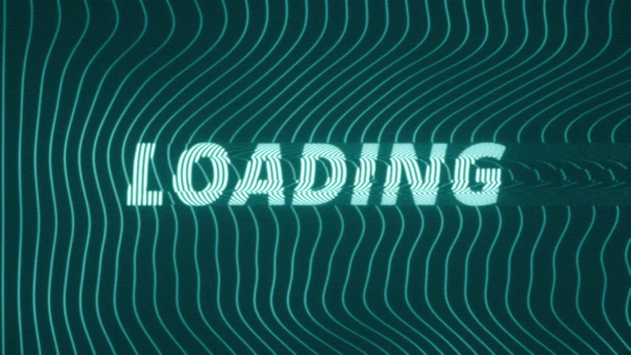 Animated technology concept featuring glitching Loading text over a dark blue background with flowing neon wave lines and digital distortion
