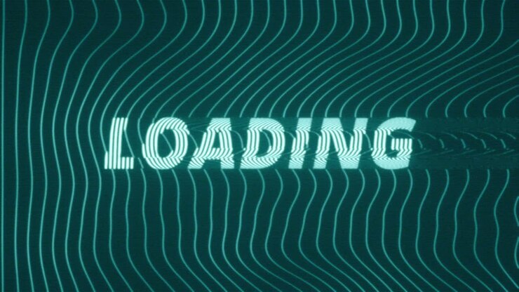 Animated technology concept featuring glitching Loading text over a dark blue background with flowing neon wave lines and digital distortion