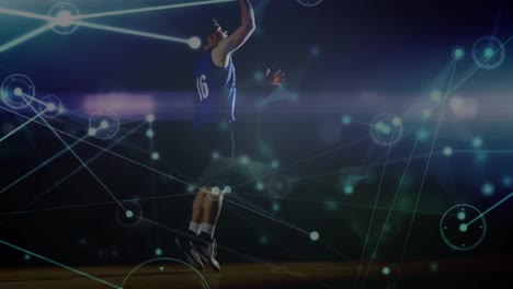 Animation-of-connected-dots-forming-shapes,-biracial-basketball-player-throwing-ball-in-basket