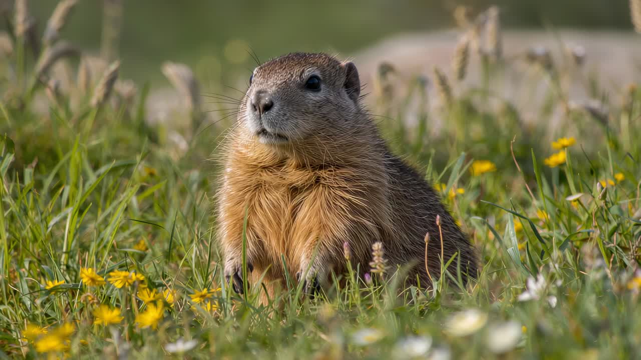 Recording starting, small ground rodent holding pose in meadow with yellow flowers, whiskers