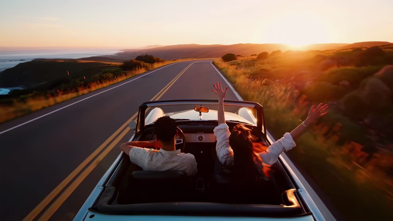 Luftvideo av et par i en kabriolet på en vakker vei ved solnedgang, som feirer friheten
