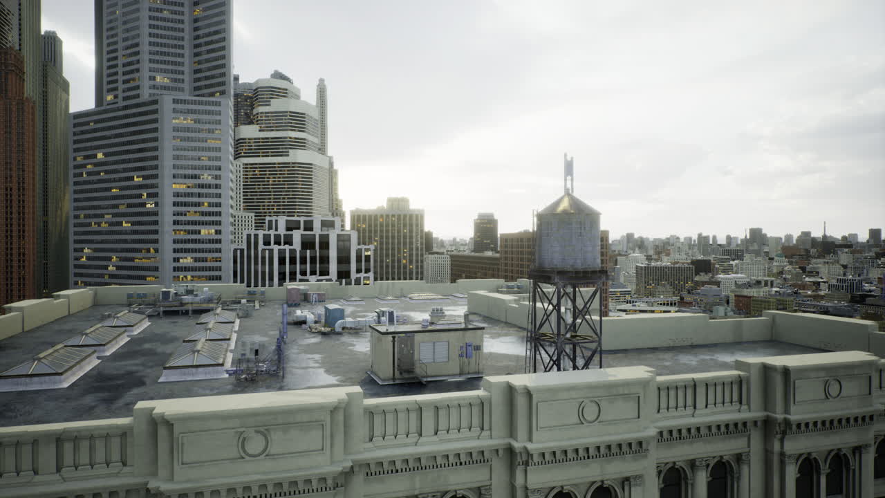 Twilight skyline showcasing modern architecture and rooftops