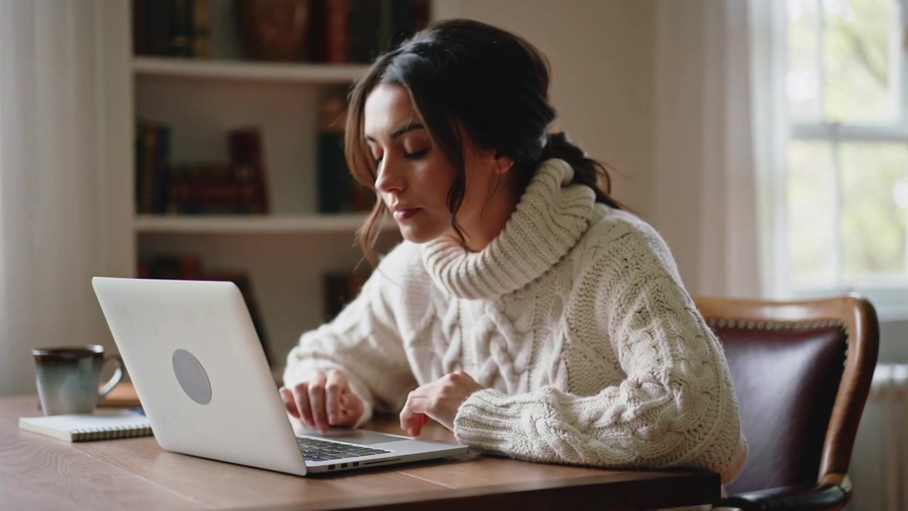 Leaning woman in cream sweater adjusting posture while typing at home study, finishing laptop work