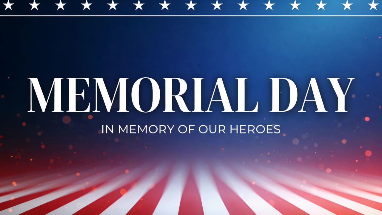 Starting sequence, centered MEMORIAL DAY title shimmering over dark studio stripes honoring heroes