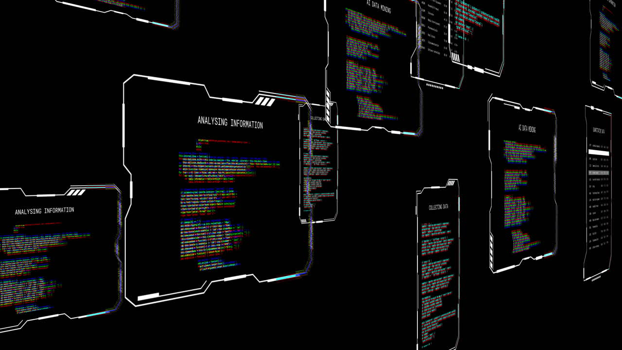 Animation of interface screens analysing text data files processing on black background