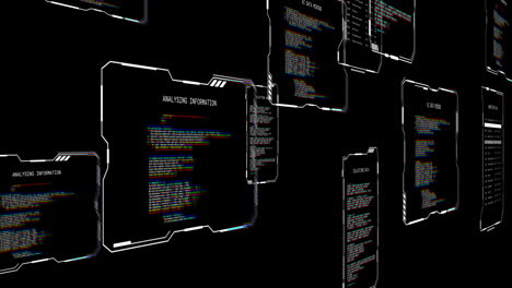 animation of interface screens analysing text data files processing on black background