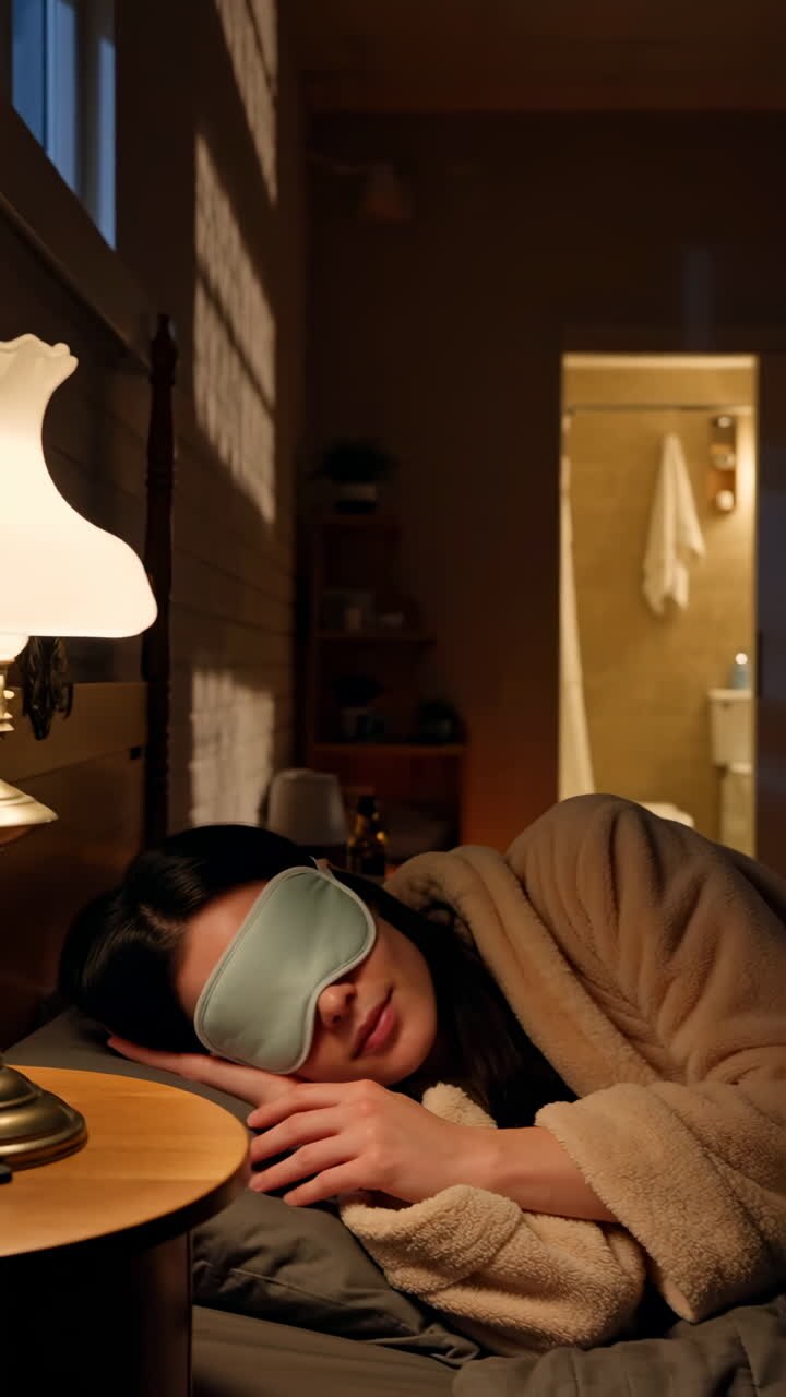 Woman sleeping peacefully with a sleep mask in a cozy bedroom
