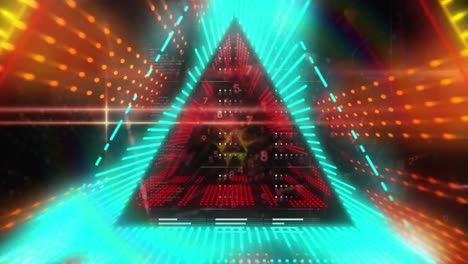 animation of data processing over neon triangles tunnel