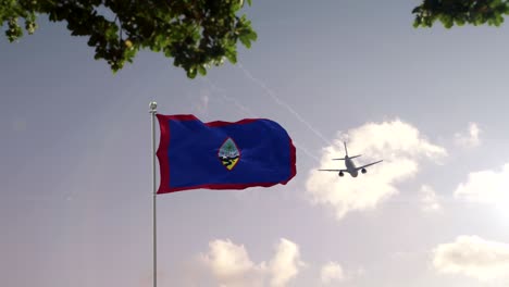 guam flag with airplane and city -3d rendering