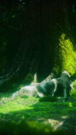 tree roots and sunshine in a green forest