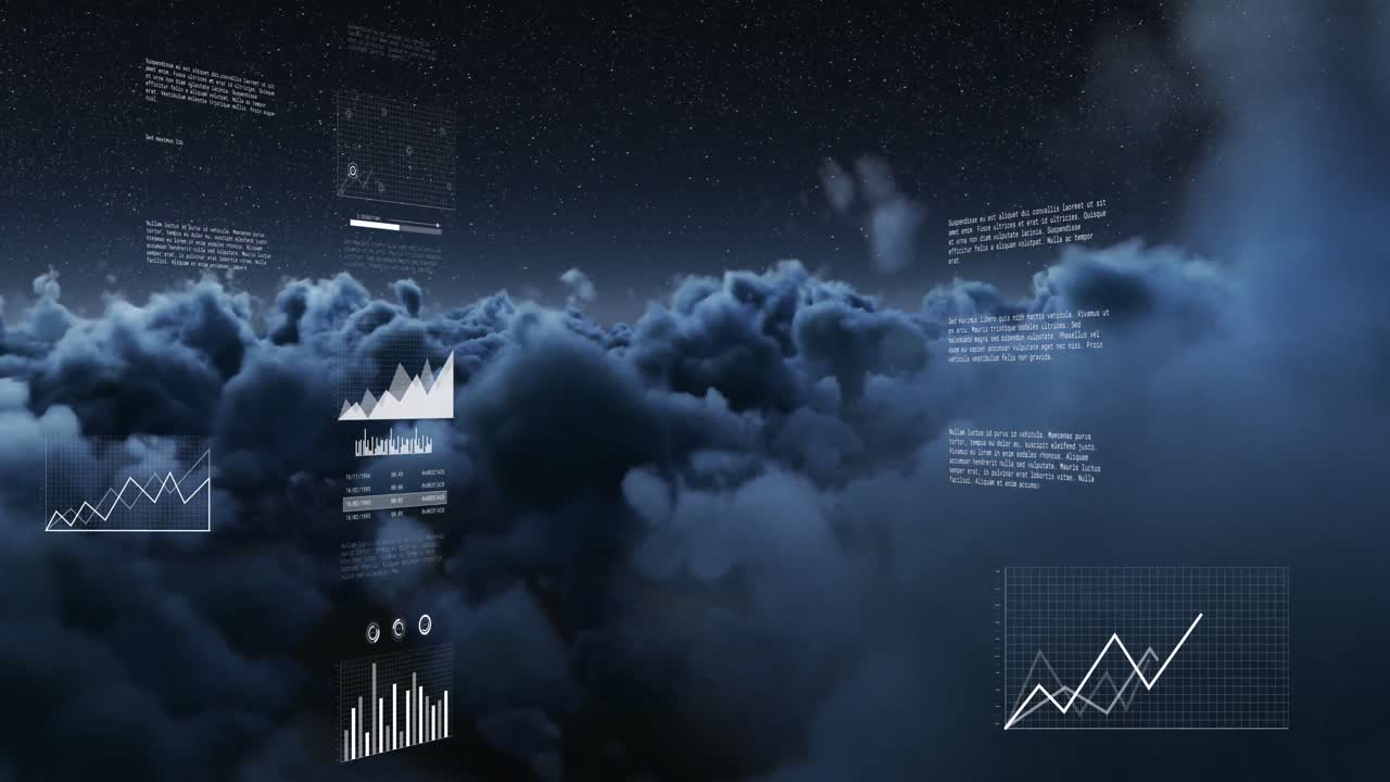 Animation of data processing against dark clouds in the sky