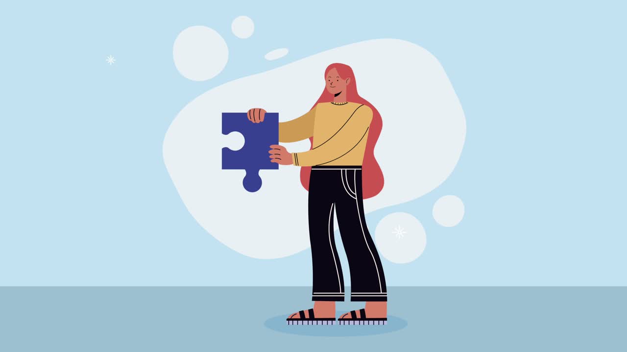 mujer joven con pieza de rompecabezas animación