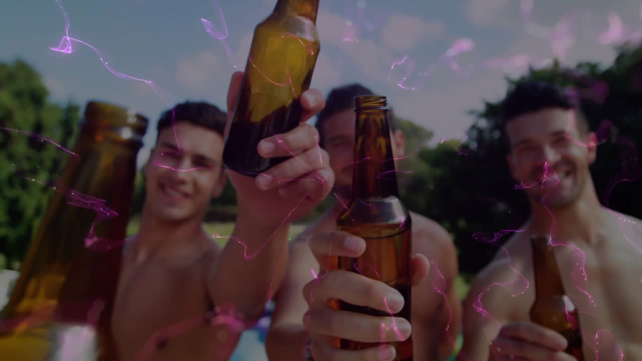 Three men leaning, pushing bottles to lens at pool, toasting while purple overlay pulsing for ads