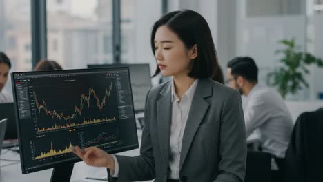 Focused Business Professional Analyzing Stock Market Trends and Data on Digital Screen in Modern Office Environment with Colleagues Observing