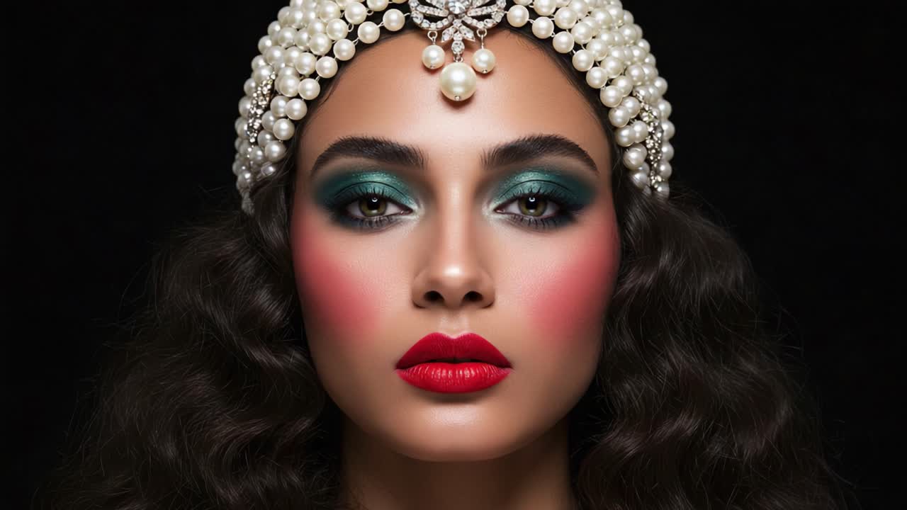 A Captivating Portrait of Elegance: Stunning Beauty with Dramatic Makeup and Exquisite Pearl Headpiece in a Mysterious and Enigmatic Setting