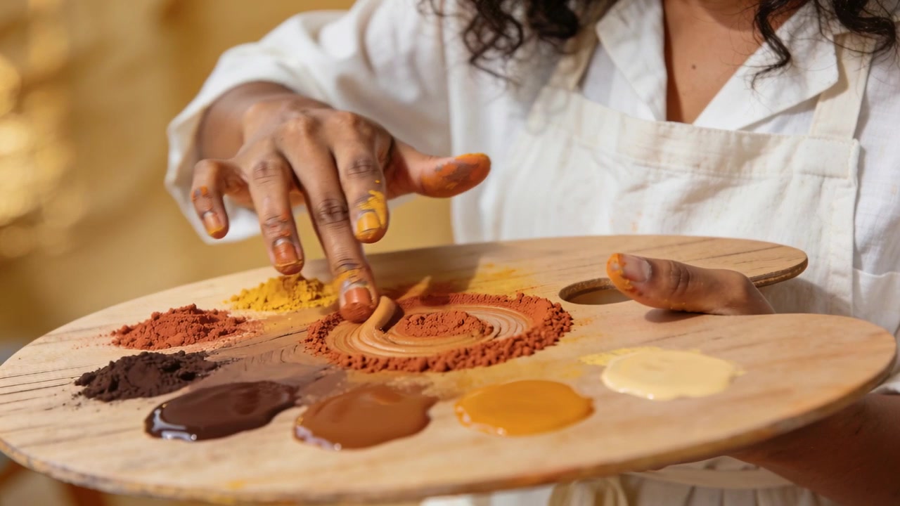 Pressing finger into pigment, artist in apron mixing paint on palette for testing in studio