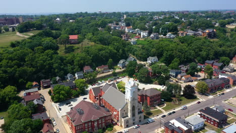 aerial view around the cathedral of st raphael of dubuque, sunny day in iowa, usa