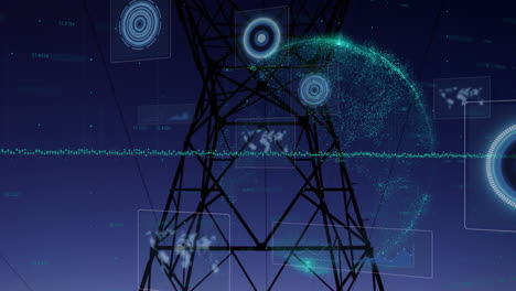 composition of scopes scanning on screens over globe and electric pylon