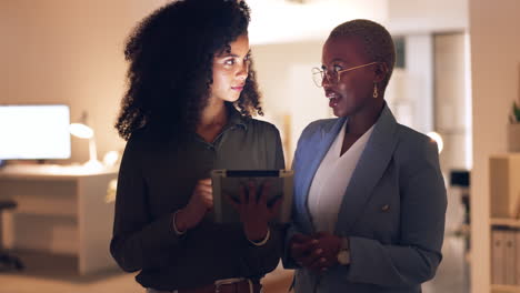 Black-woman,-research-on-tablet-in-office-at-night