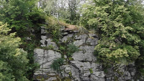 Aerial-View-of-Rocky-Cliffside-of-Mountain-Surrounded-by-Green-Trees